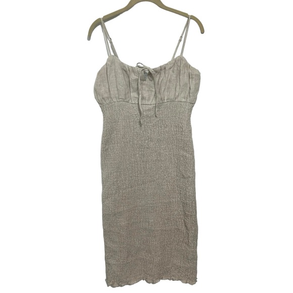 J.Crew Smocked Linen Dress Sz 10 Tan - Picture 4 of 13